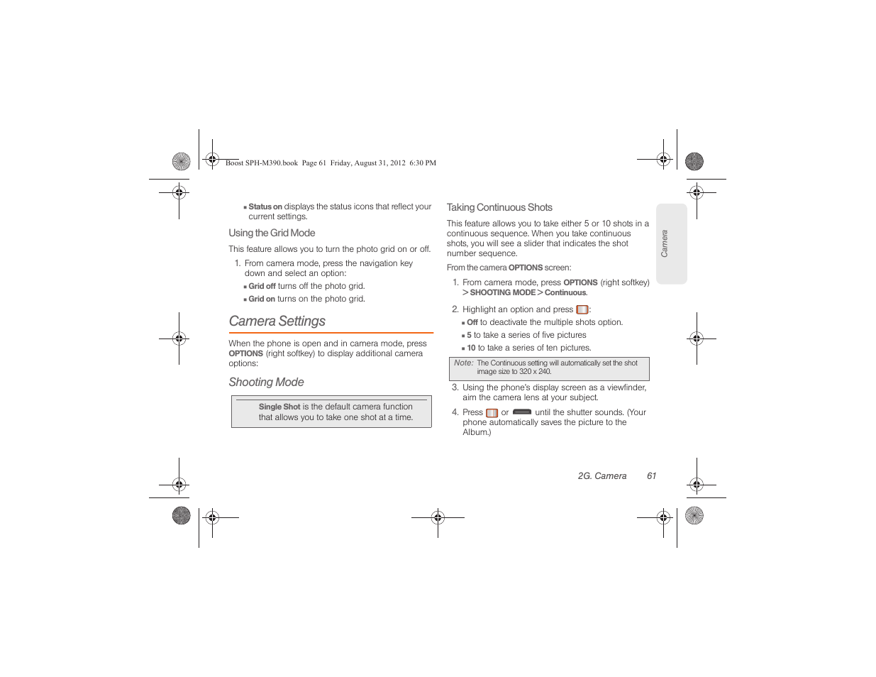 Camera settings, Shooting mode | Samsung SPH-M390ZKABST User Manual | Page 71 / 120