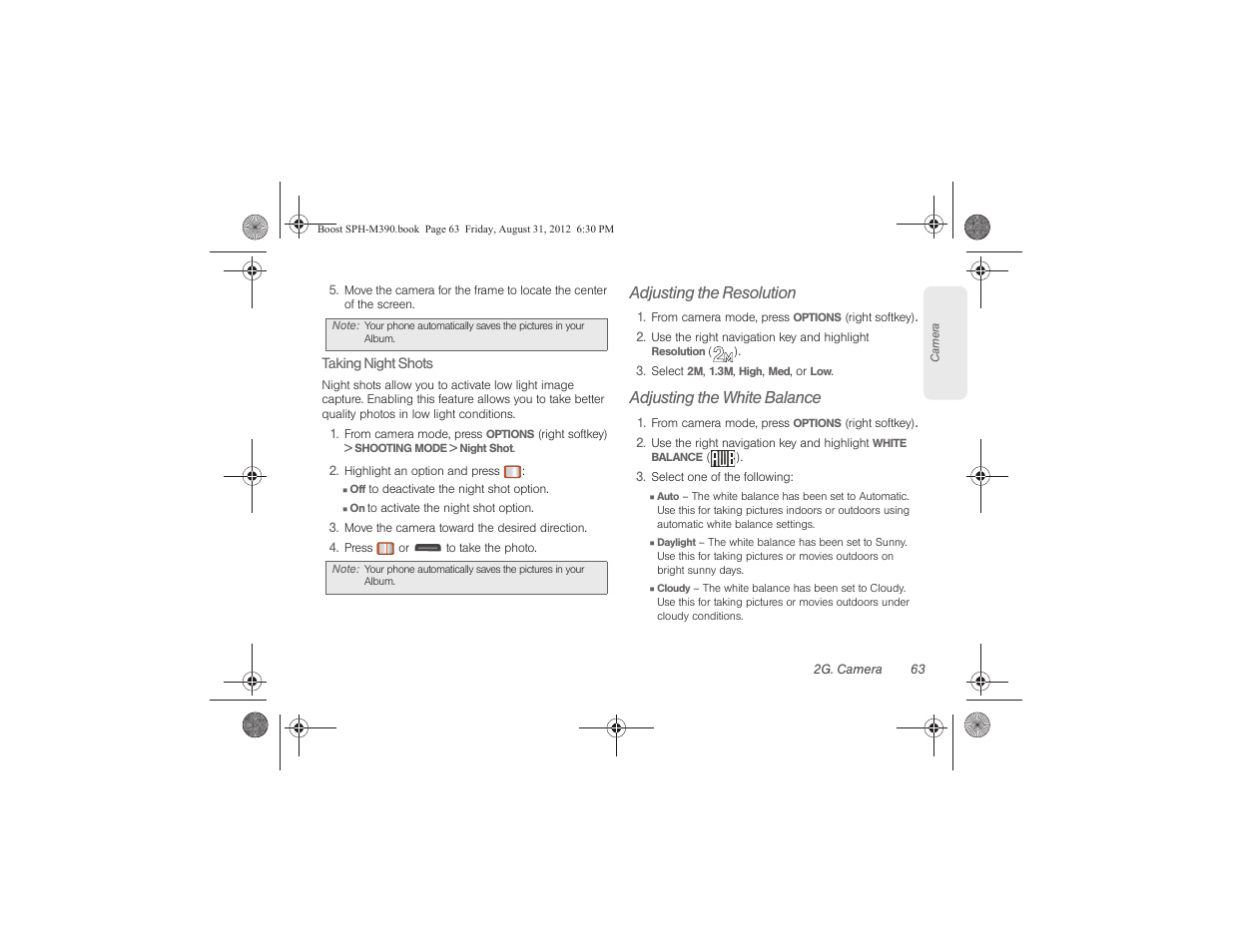 Adjusting the resolution, Adjusting the white balance | Samsung SPH-M390ZKABST User Manual | Page 73 / 120