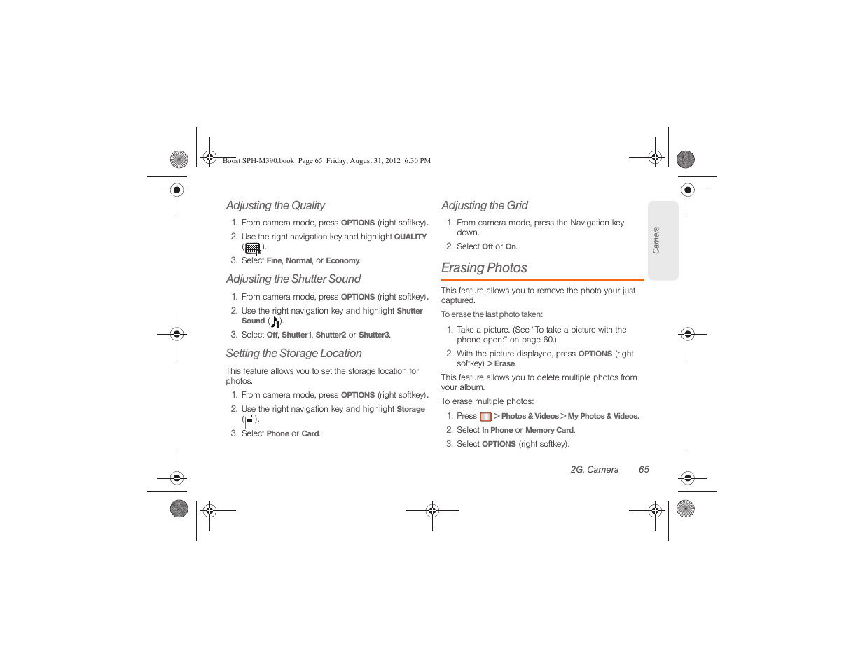 Erasing photos, Adjusting the quality, Adjusting the shutter sound | Setting the storage location, Adjusting the grid | Samsung SPH-M390ZKABST User Manual | Page 75 / 120