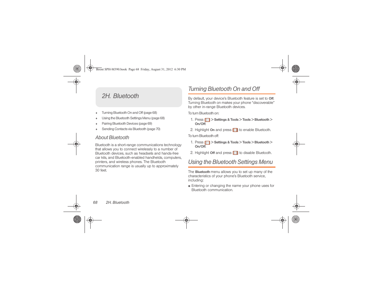 2h. bluetooth, Turning bluetooth on and off, Using the bluetooth settings menu | About bluetooth | Samsung SPH-M390ZKABST User Manual | Page 78 / 120
