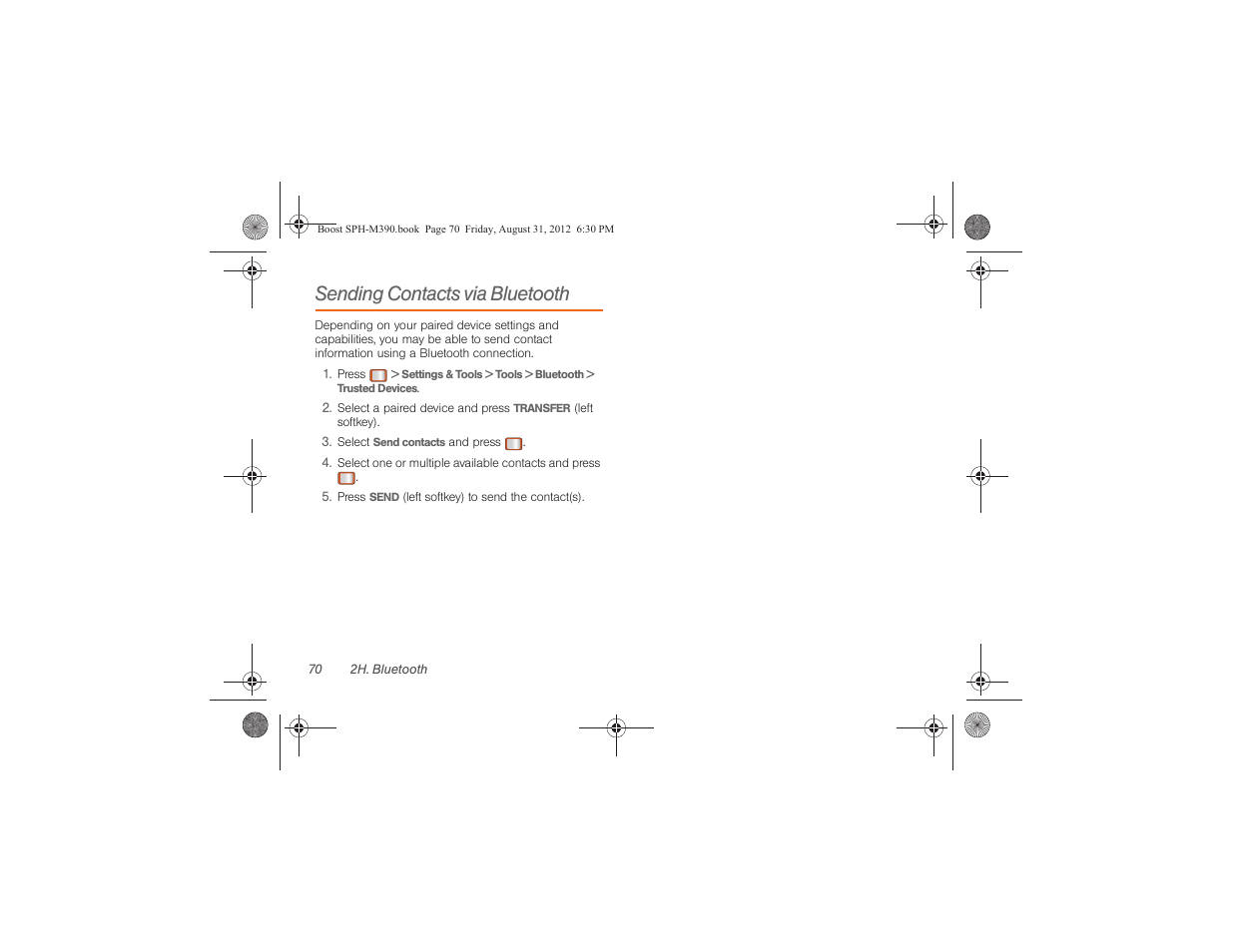 Sending contacts via bluetooth | Samsung SPH-M390ZKABST User Manual | Page 80 / 120