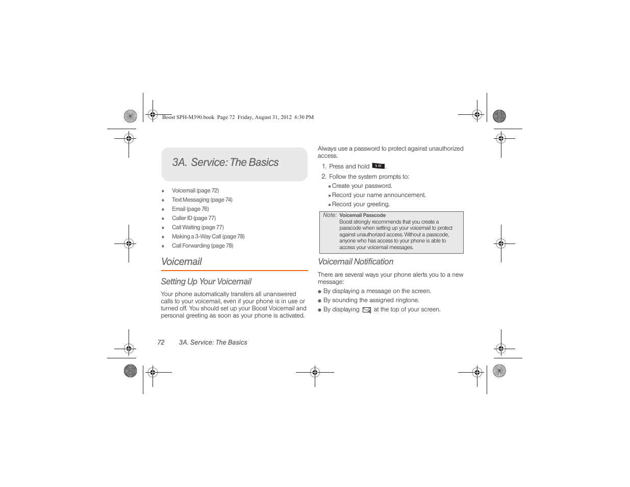 3a. service: the basics, Voicemail, Setting up your voicemail | Voicemail notification | Samsung SPH-M390ZKABST User Manual | Page 82 / 120