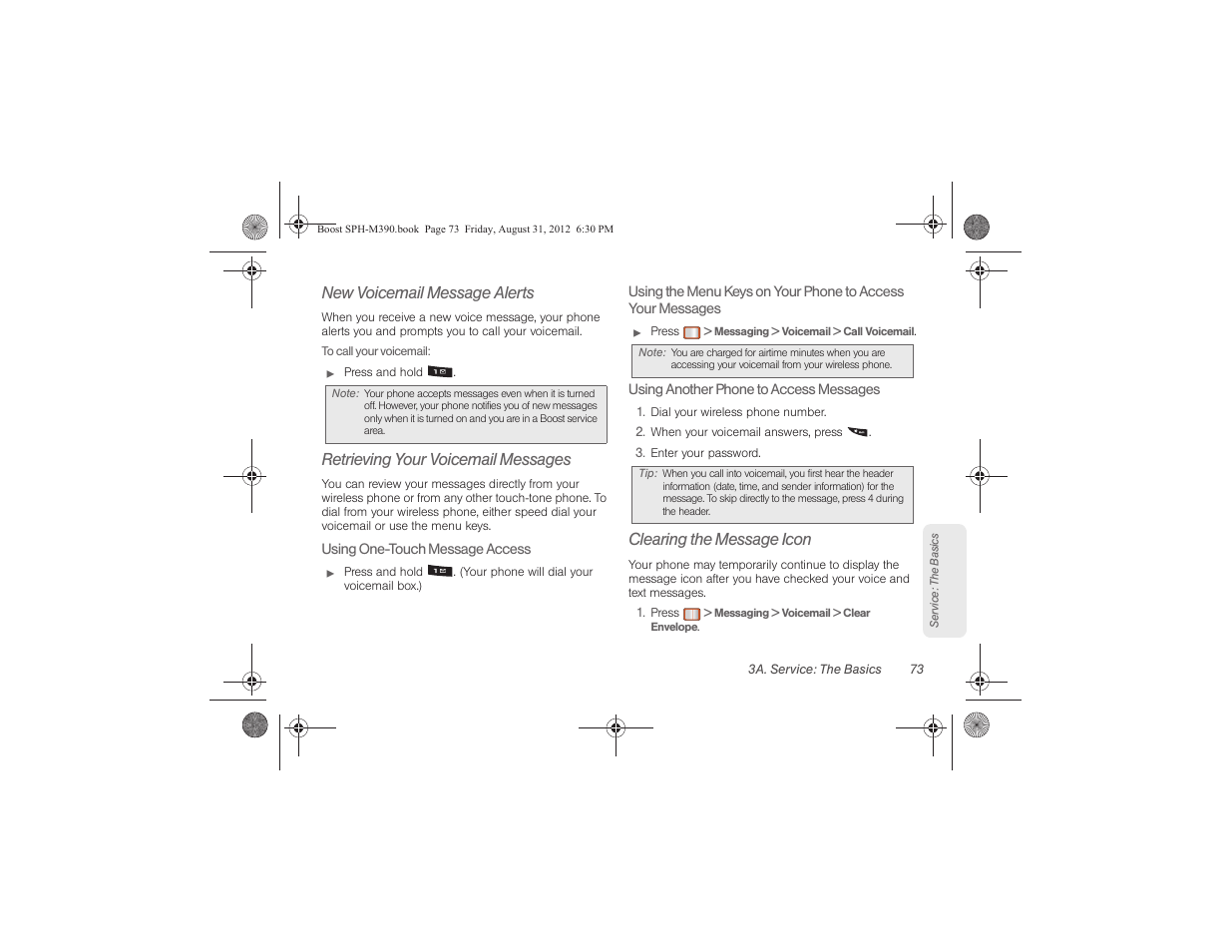 New voicemail message alerts, Retrieving your voicemail messages, Clearing the message icon | Samsung SPH-M390ZKABST User Manual | Page 83 / 120