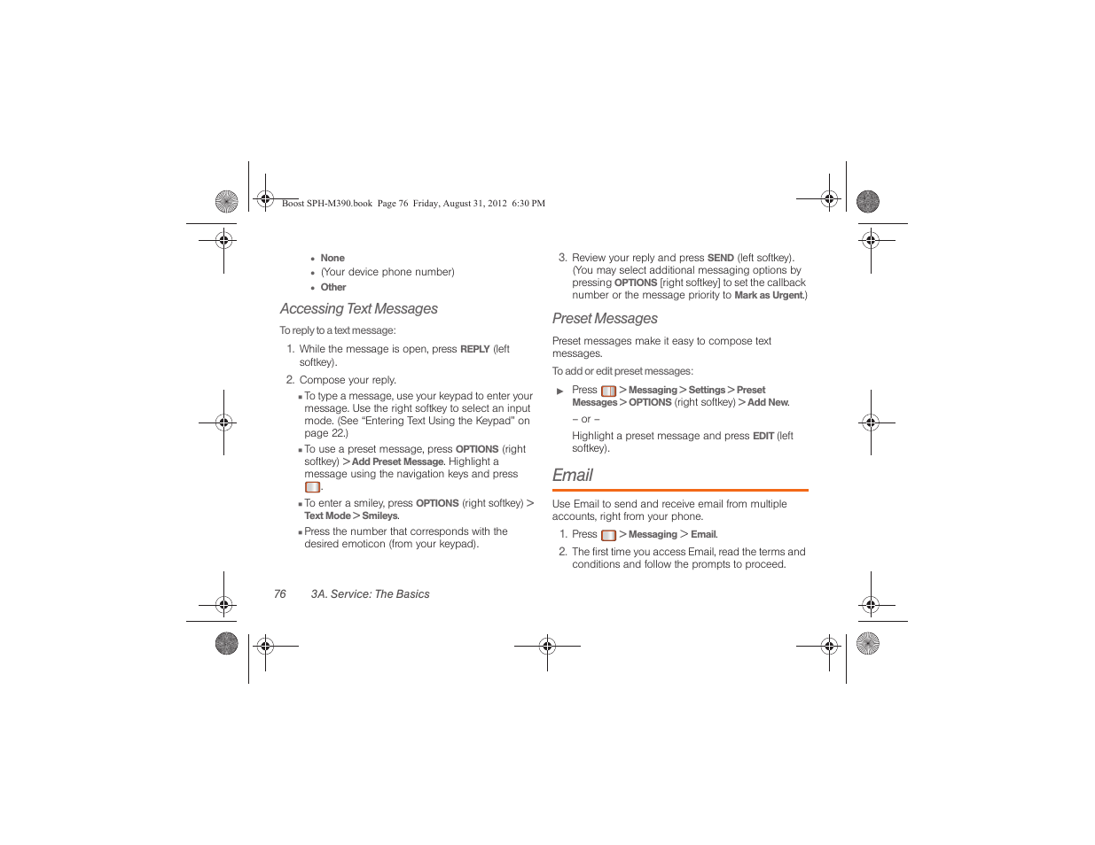 Email, Accessing text messages, Preset messages | Samsung SPH-M390ZKABST User Manual | Page 86 / 120
