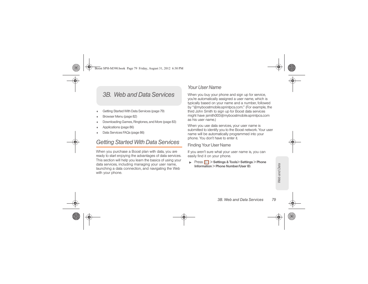 3b. web and data services, Getting started with data services, Your user name | Samsung SPH-M390ZKABST User Manual | Page 89 / 120