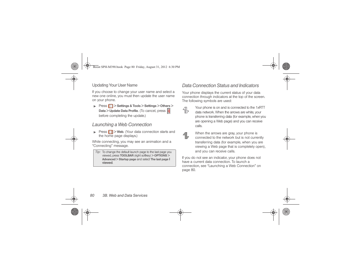 Launching a web connection, Data connection status and indicators | Samsung SPH-M390ZKABST User Manual | Page 90 / 120