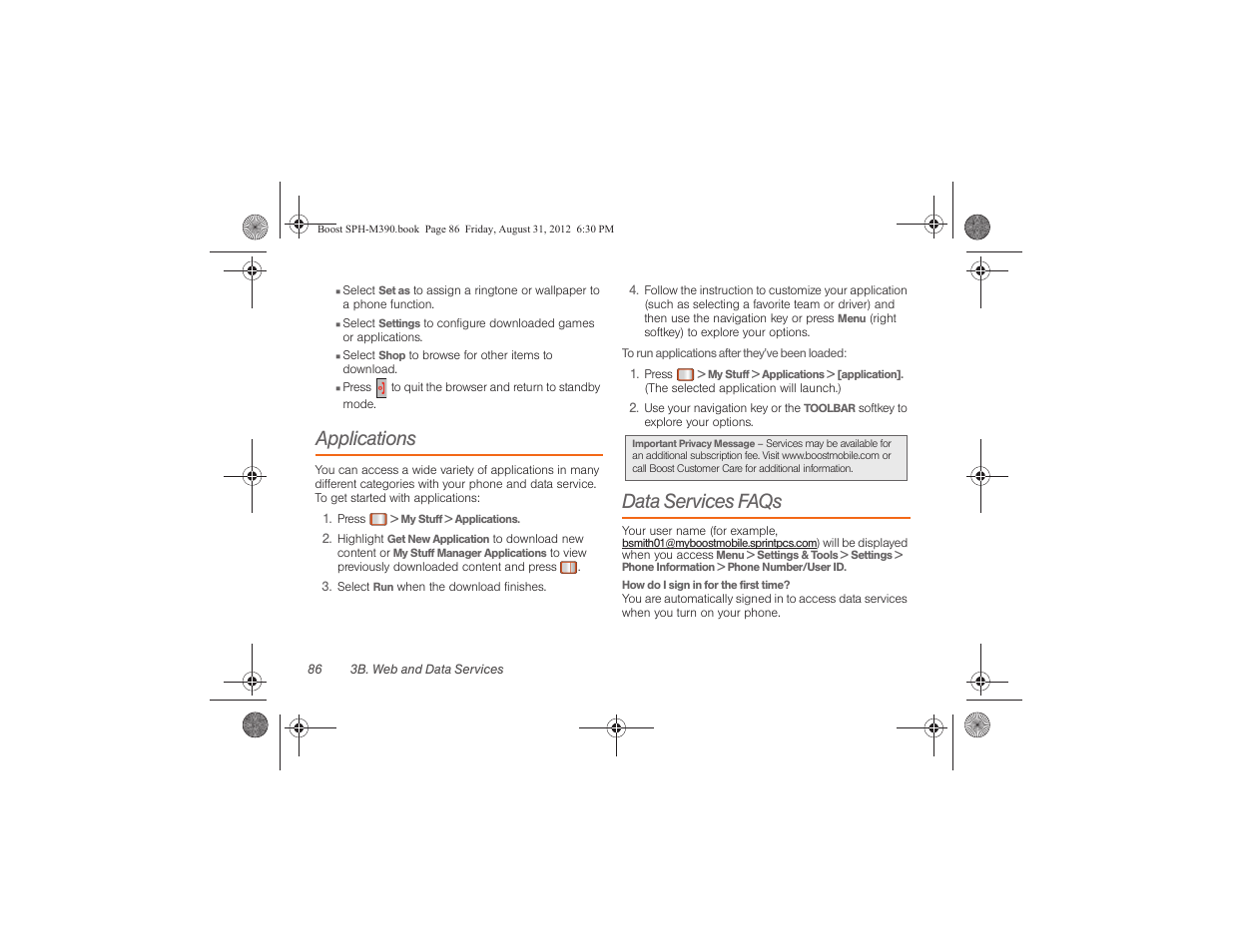 Applications, Data services faqs | Samsung SPH-M390ZKABST User Manual | Page 96 / 120