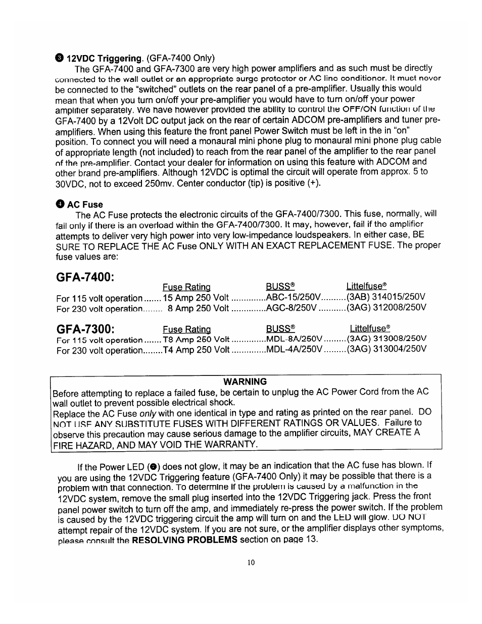 Gfa-7400, Gfa-7300 | Adcom GFA-7300 User Manual | Page 10 / 19