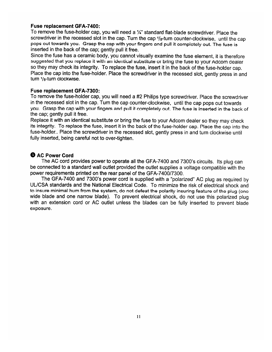 Fuse replacement gfa-7400, Fuse replacement gfa-7300, O ac power cord | Adcom GFA-7300 User Manual | Page 11 / 19