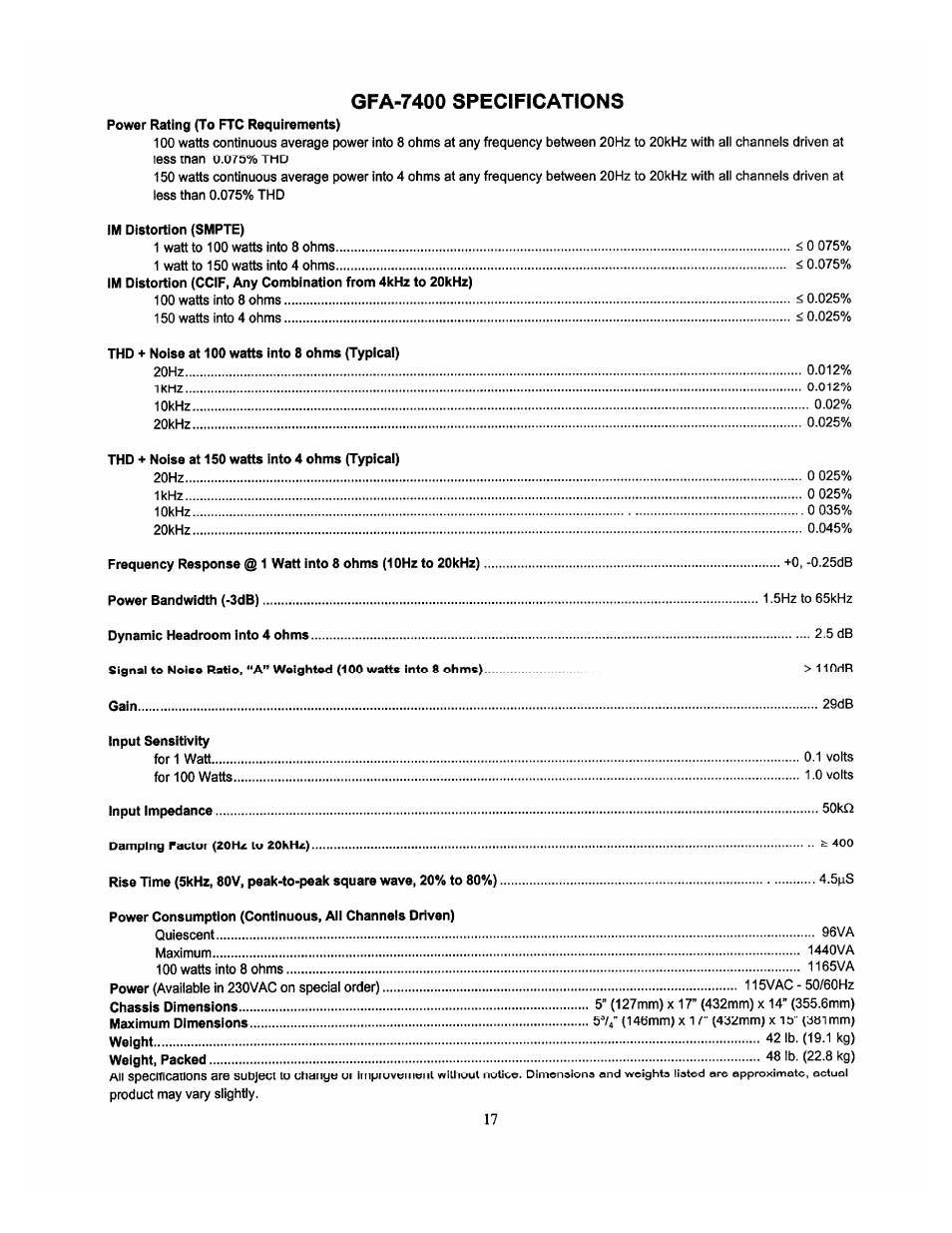 Gfa-7400 specifications | Adcom GFA-7300 User Manual | Page 17 / 19