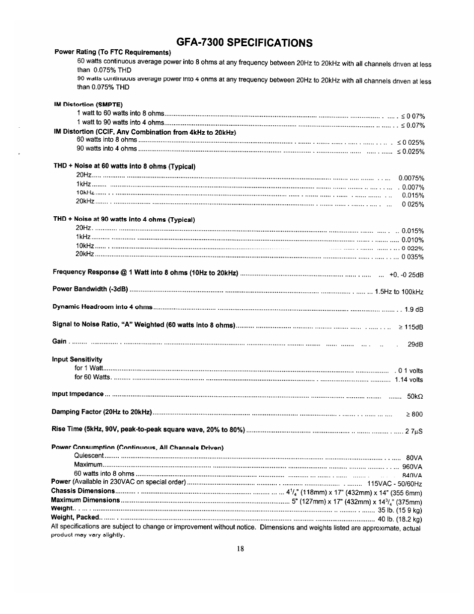 Gfa-7300 specifications | Adcom GFA-7300 User Manual | Page 18 / 19