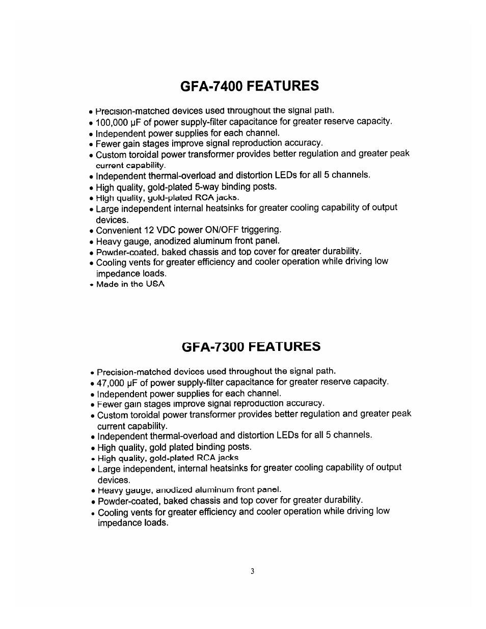 Gfa-7400 features, Gfa-7300 features | Adcom GFA-7300 User Manual | Page 4 / 19