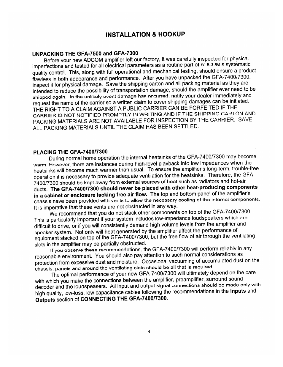 Installation & hookup, Unpacking the gfa-7500 and gfa-7300, Placing the gfa-7400/7300 | Adcom GFA-7300 User Manual | Page 5 / 19