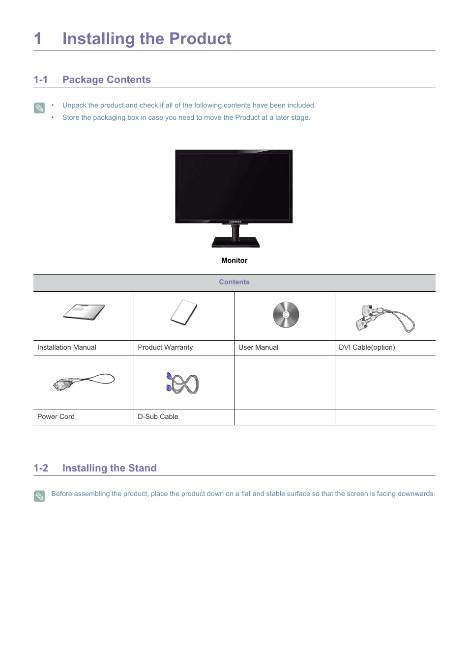 1 installing the product, 1 package contents, 2 installing the stand | 1installing the product | Samsung LS23NVTABW-ZA User Manual | Page 2 / 12
