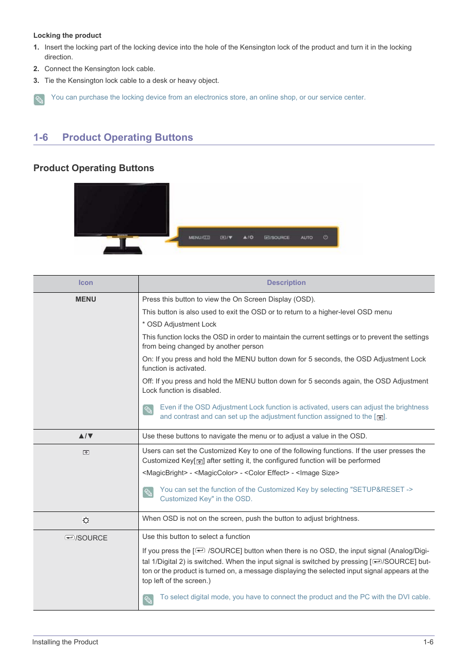 6 product operating buttons, Product operating buttons | Samsung LS23NVTABW-ZA User Manual | Page 8 / 12