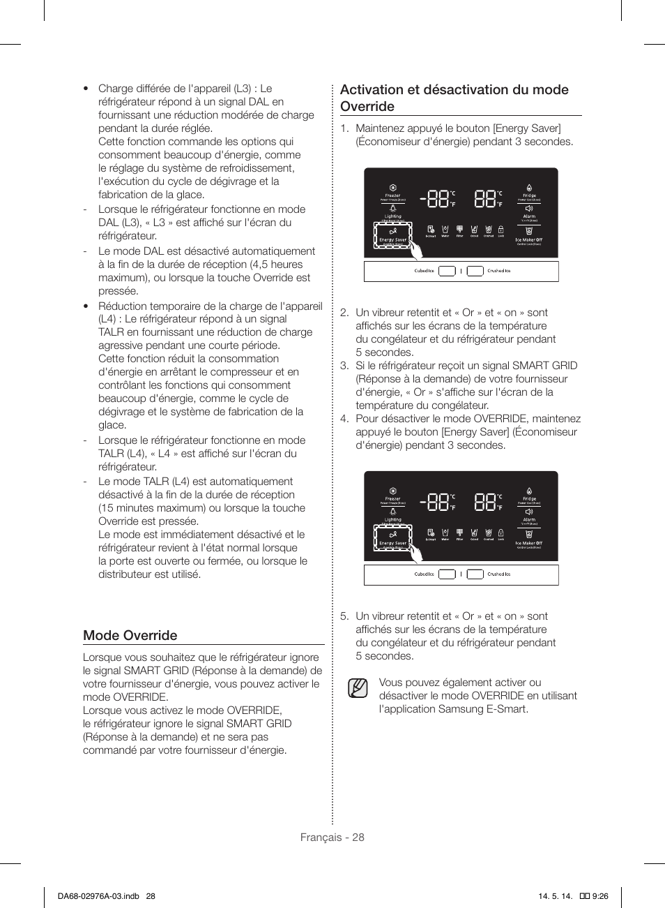 Mode override, Activation et désactivation du mode override | Samsung RH22H9010SR-AA User Manual | Page 120 / 136