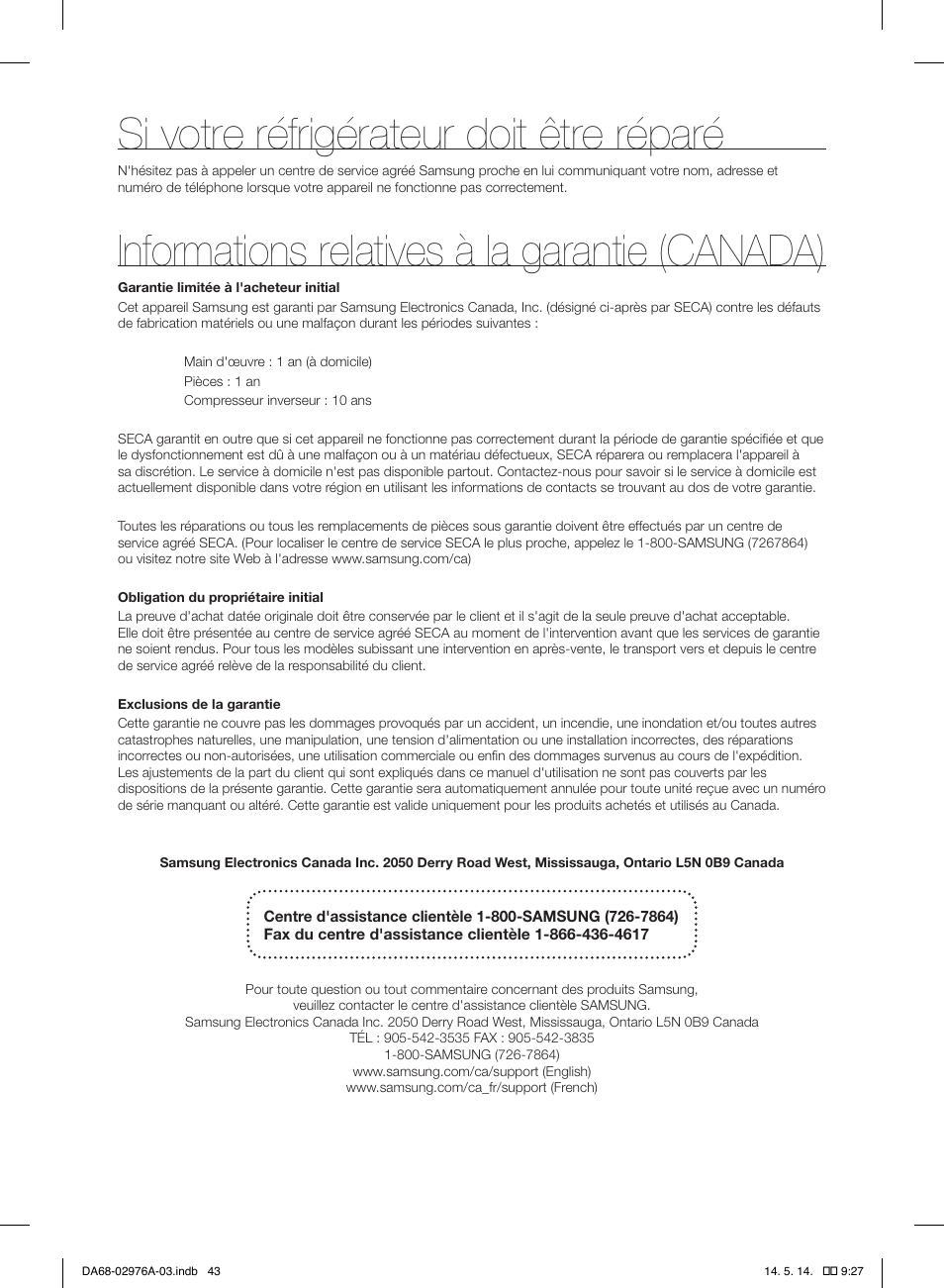 Si votre réfrigérateur doit être réparé, Informations relatives à la garantie (canada) | Samsung RH22H9010SR-AA User Manual | Page 135 / 136