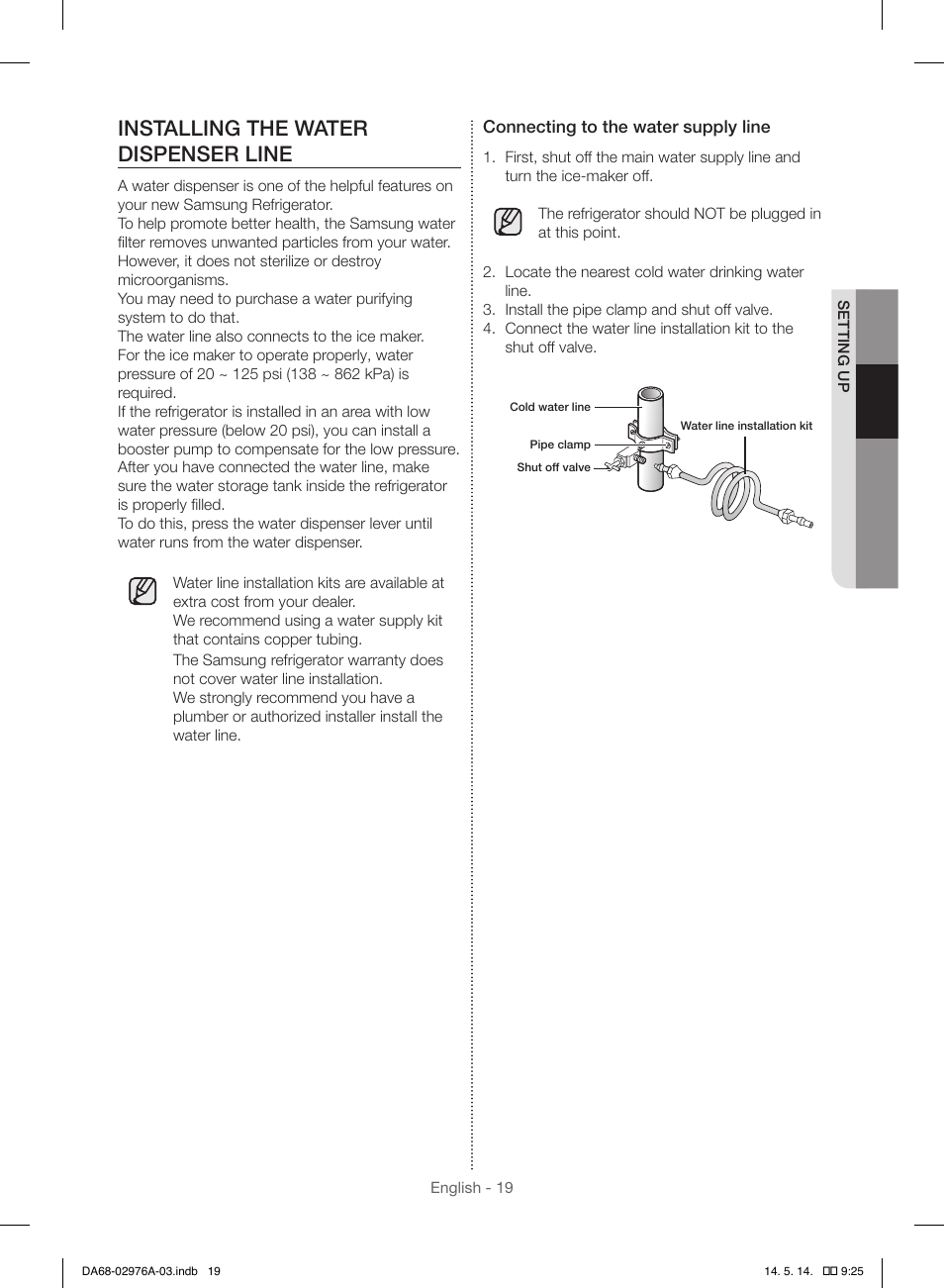 Installing the water dispenser line | Samsung RH22H9010SR-AA User Manual | Page 19 / 136