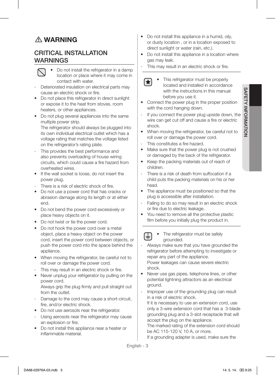 Warning, Critical installation warnings | Samsung RH22H9010SR-AA User Manual | Page 3 / 136