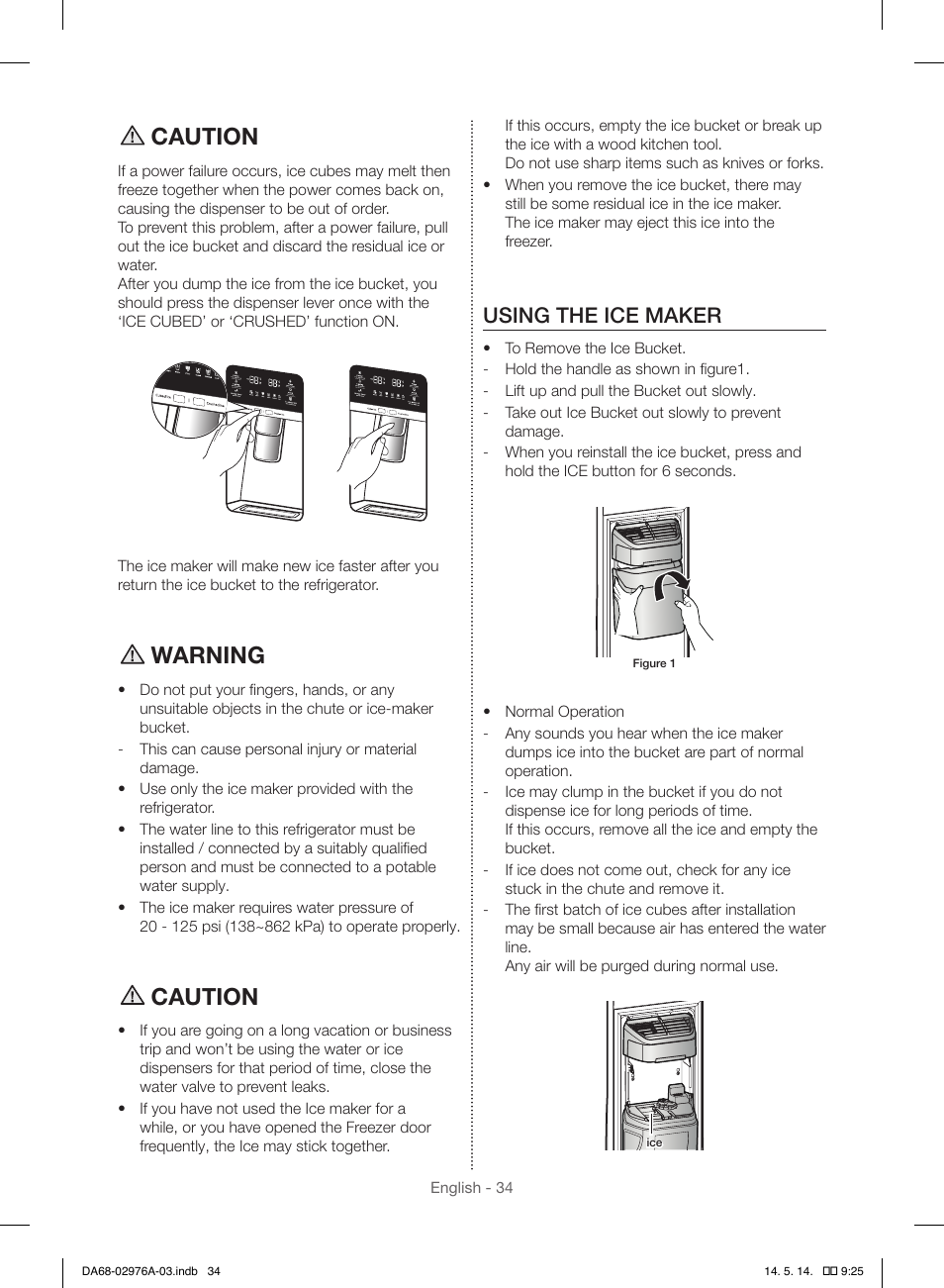 Caution, Warning, Using the ice maker | Samsung RH22H9010SR-AA User Manual | Page 34 / 136