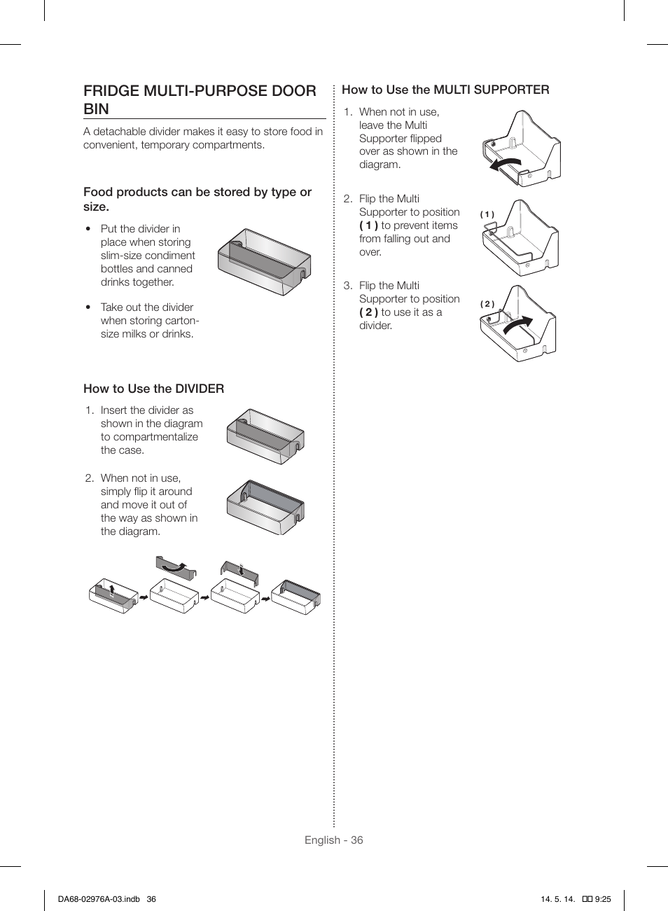 Fridge multi-purpose door bin | Samsung RH22H9010SR-AA User Manual | Page 36 / 136