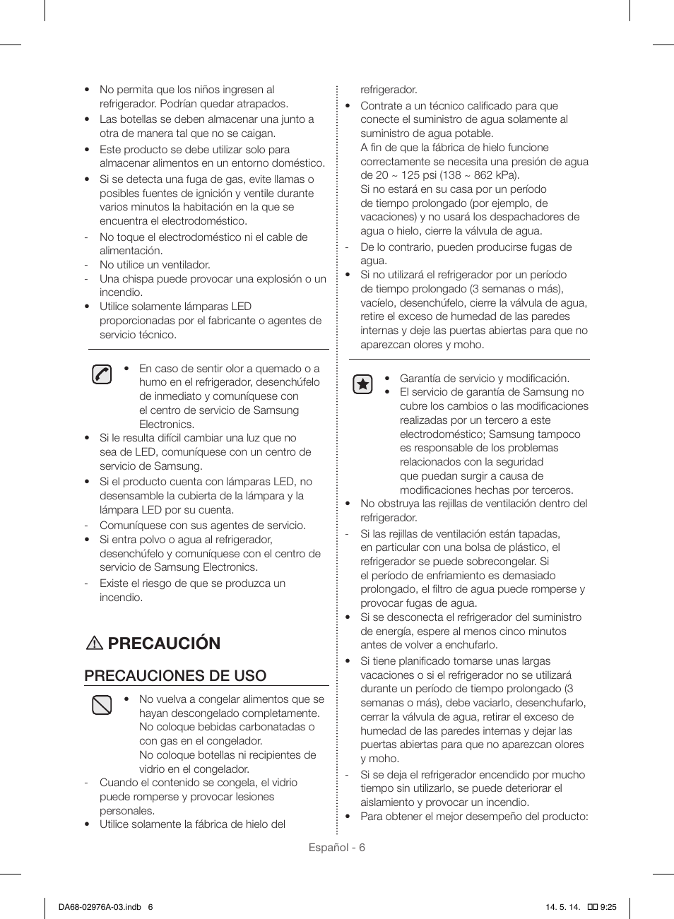 Precaución, Precauciones de uso | Samsung RH22H9010SR-AA User Manual | Page 54 / 136