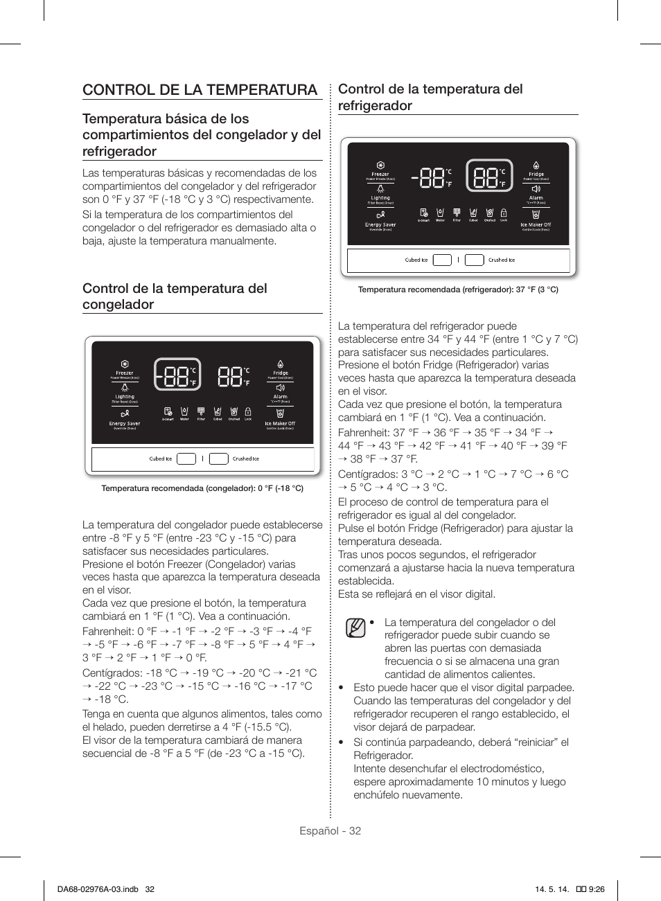Control de la temperatura, Control de la temperatura del congelador, Control de la temperatura del refrigerador | Samsung RH22H9010SR-AA User Manual | Page 80 / 136