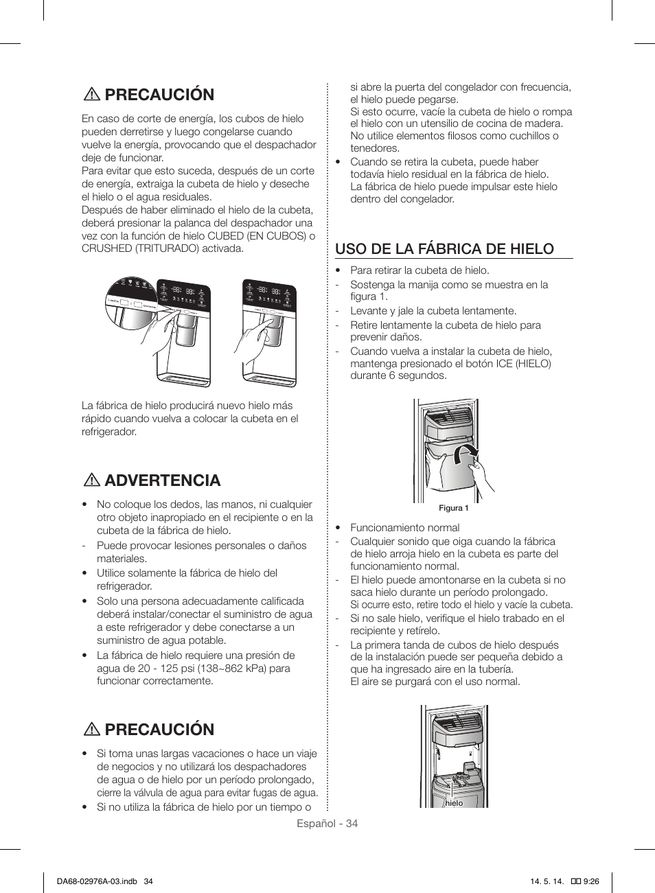 Precaución, Advertencia, Uso de la fábrica de hielo | Samsung RH22H9010SR-AA User Manual | Page 82 / 136