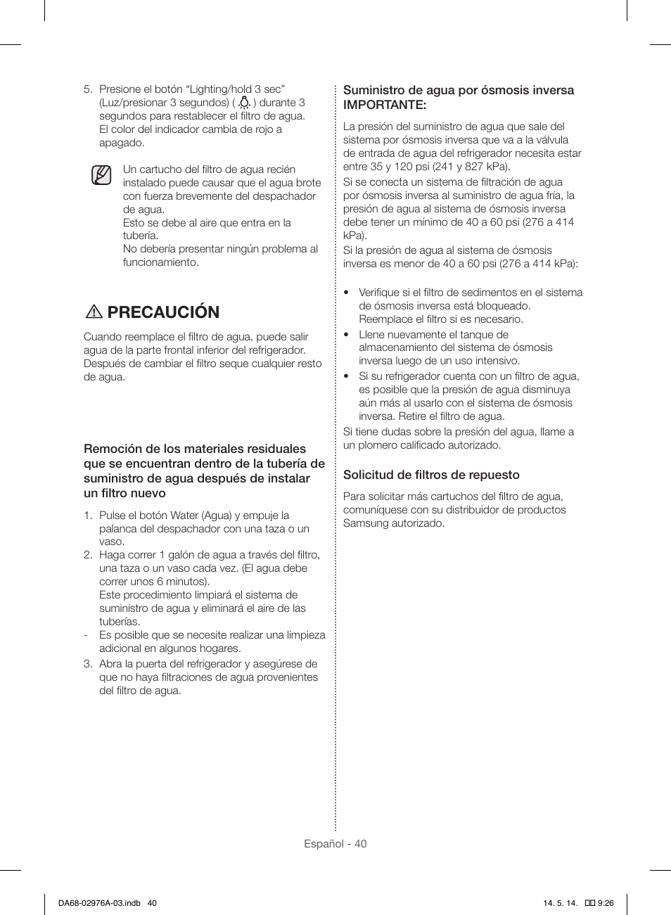 Precaución | Samsung RH22H9010SR-AA User Manual | Page 88 / 136