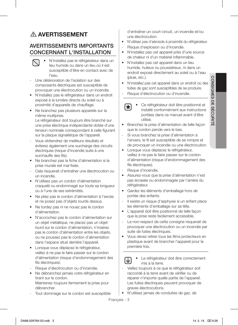 Avertissement | Samsung RH22H9010SR-AA User Manual | Page 95 / 136