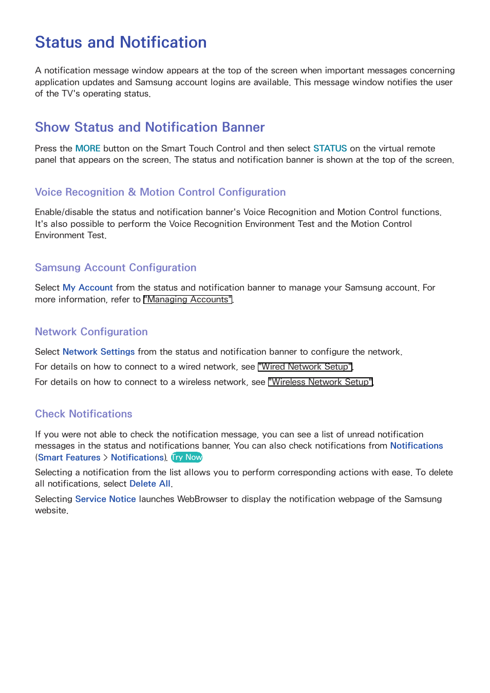 Status and notification, 95 show status and notification banner, Voice recognition & motion control configuration | Samsung account configuration, Network configuration, Check notifications, E "status and notification" fo, Show status and notification banner | Samsung SEK-1000-ZA User Manual | Page 102 / 157