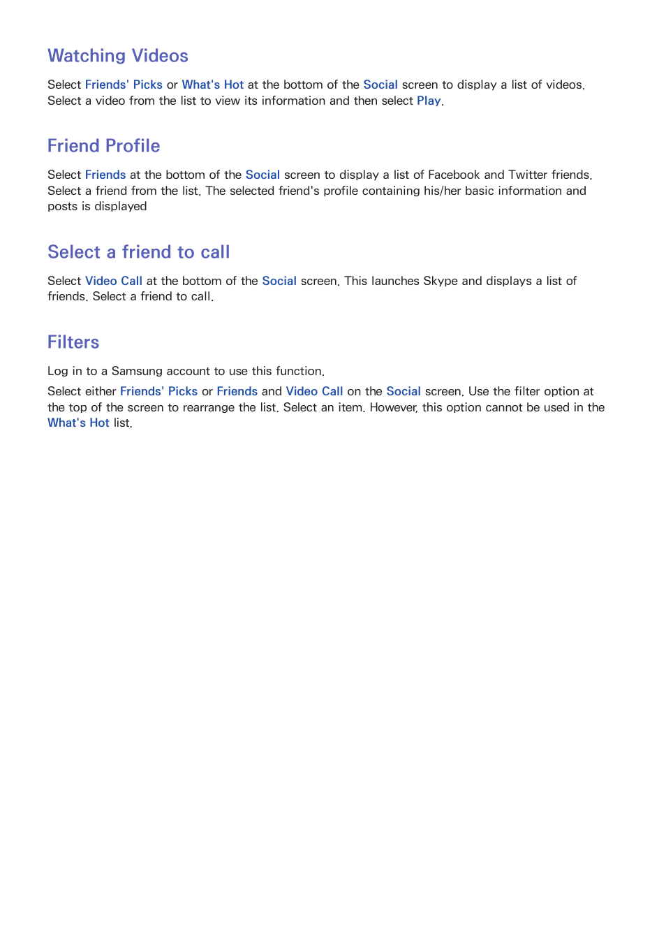 97 watching videos, 97 friend profile, 97 select a friend to call | 97 filters, Watching videos, Friend profile, Select a friend to call, Filters | Samsung SEK-1000-ZA User Manual | Page 104 / 157