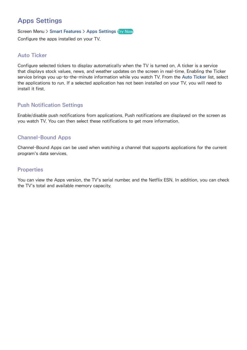 105 apps settings, 105 auto ticker, 105 push notification settings | 105 channel-bound apps, 105 properties, Apps settings | Samsung SEK-1000-ZA User Manual | Page 112 / 157
