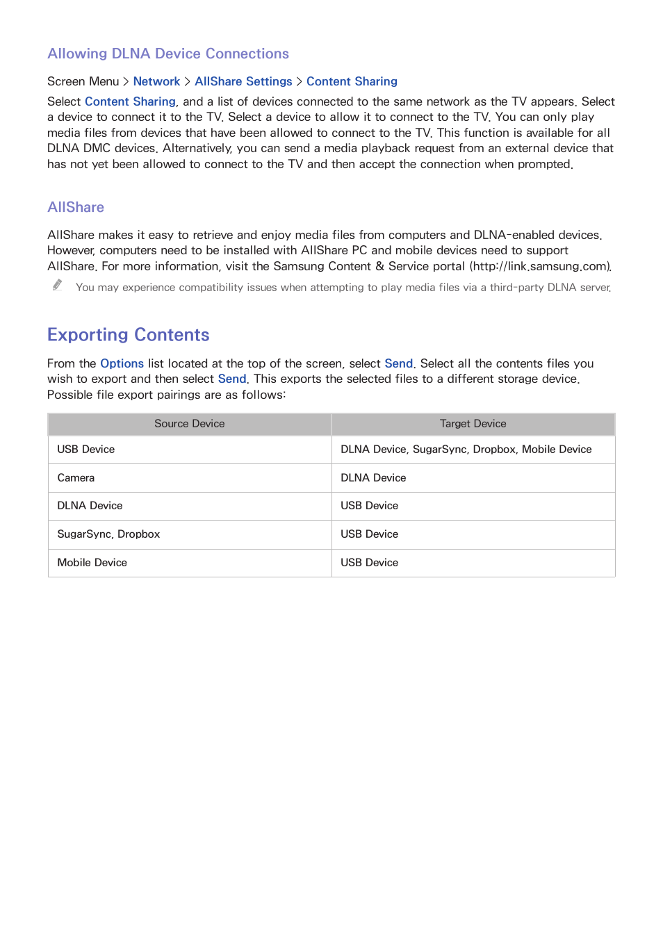 114 allowing dlna device connections, 114 allshare, 114 exporting contents | Exporting contents | Samsung SEK-1000-ZA User Manual | Page 121 / 157