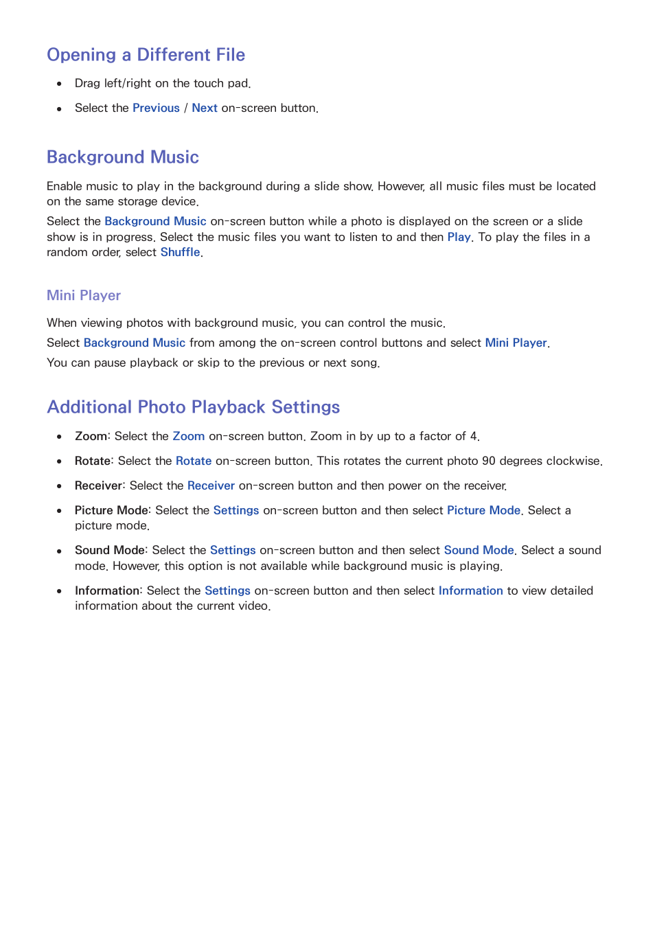 119 opening a different file, 119 background music, 119 mini player | 119 additional photo playback settings, Opening a different file, Background music, Additional photo playback settings | Samsung SEK-1000-ZA User Manual | Page 126 / 157