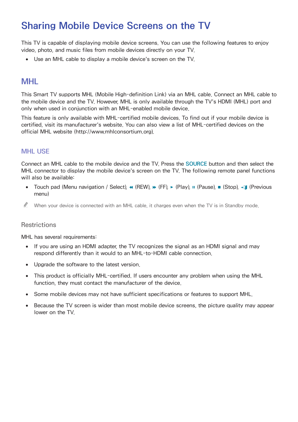 Sharing mobile device screens on the tv, 123 mhl, 123 mhl use | Samsung SEK-1000-ZA User Manual | Page 130 / 157