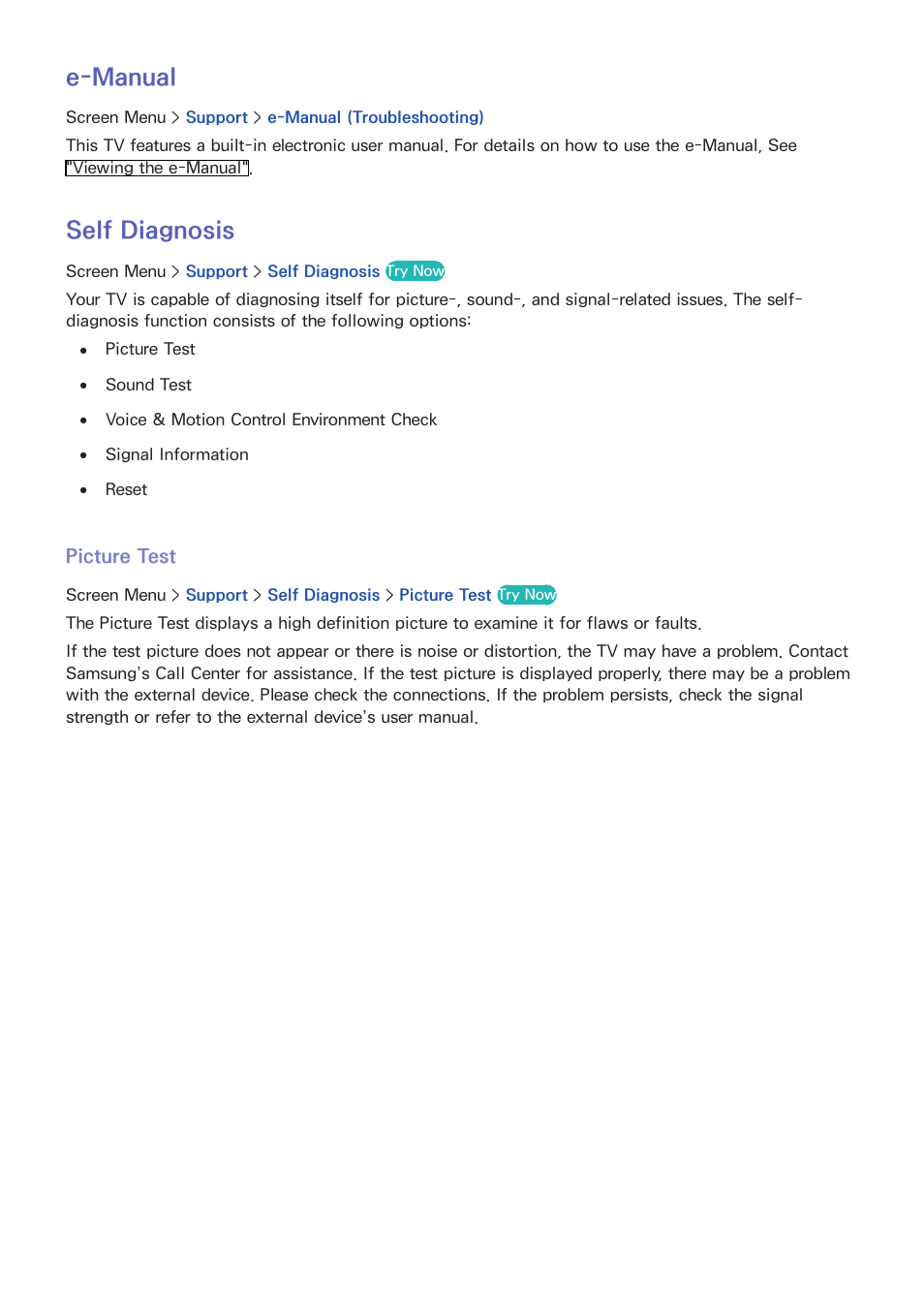 126 e-manual, 126 self diagnosis, 126 picture test | E-manual, Self diagnosis | Samsung SEK-1000-ZA User Manual | Page 133 / 157