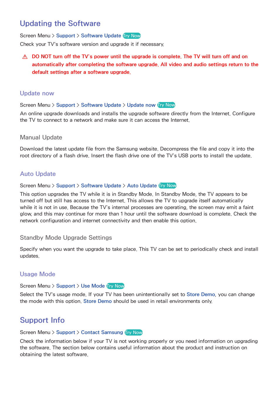 128 updating the software, 128 update now, 128 auto update | 128 usage mode, 128 support info, Updating the software, Support info | Samsung SEK-1000-ZA User Manual | Page 135 / 157