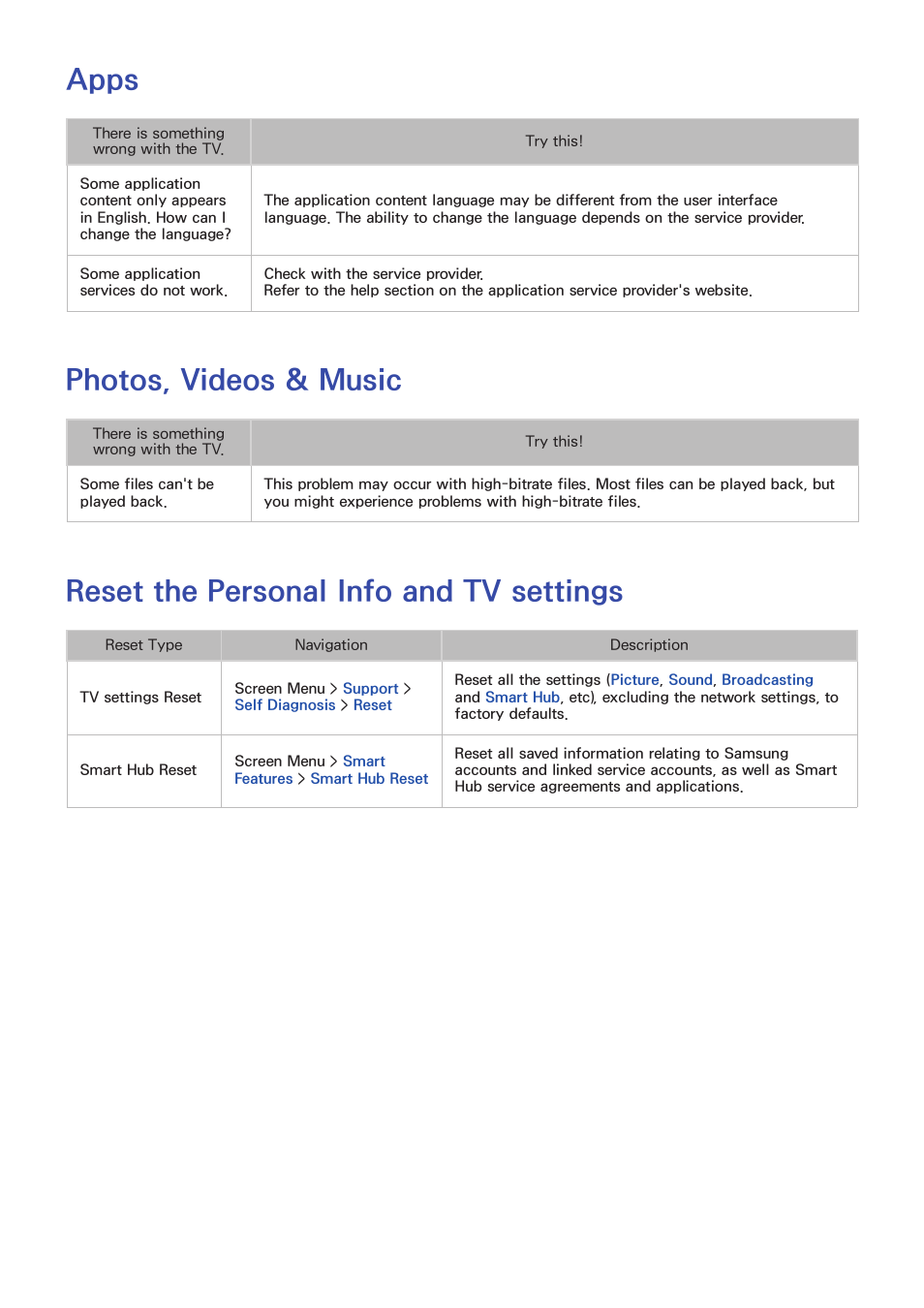 Apps, Photos, videos & music, Reset the personal info and tv settings | Samsung SEK-1000-ZA User Manual | Page 155 / 157