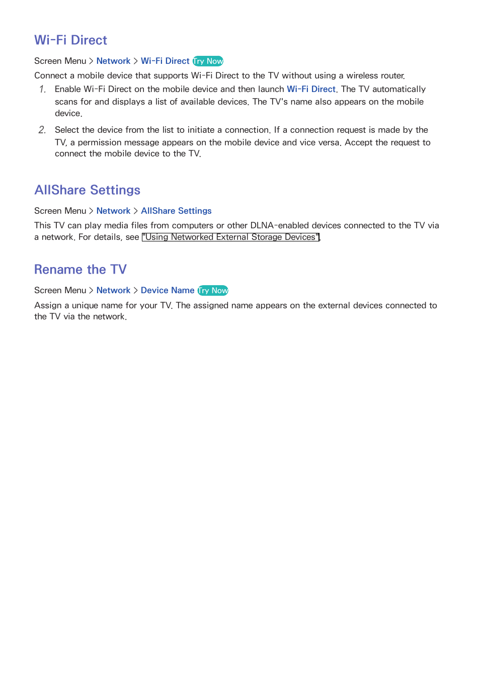 22 wi-fi direct, 22 allshare settings, 22 rename the tv | Wi-fi direct, Allshare settings, Rename the tv | Samsung SEK-1000-ZA User Manual | Page 29 / 157