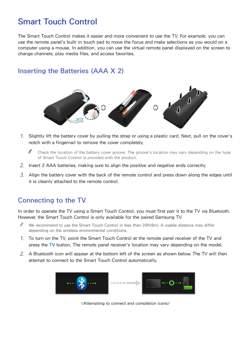 Controlling the tv, Smart touch control, 23 inserting the batteries (aaa x 2) | 23 connecting to the tv, Inserting the batteries (aaa x 2), Connecting to the tv | Samsung SEK-1000-ZA User Manual | Page 30 / 157