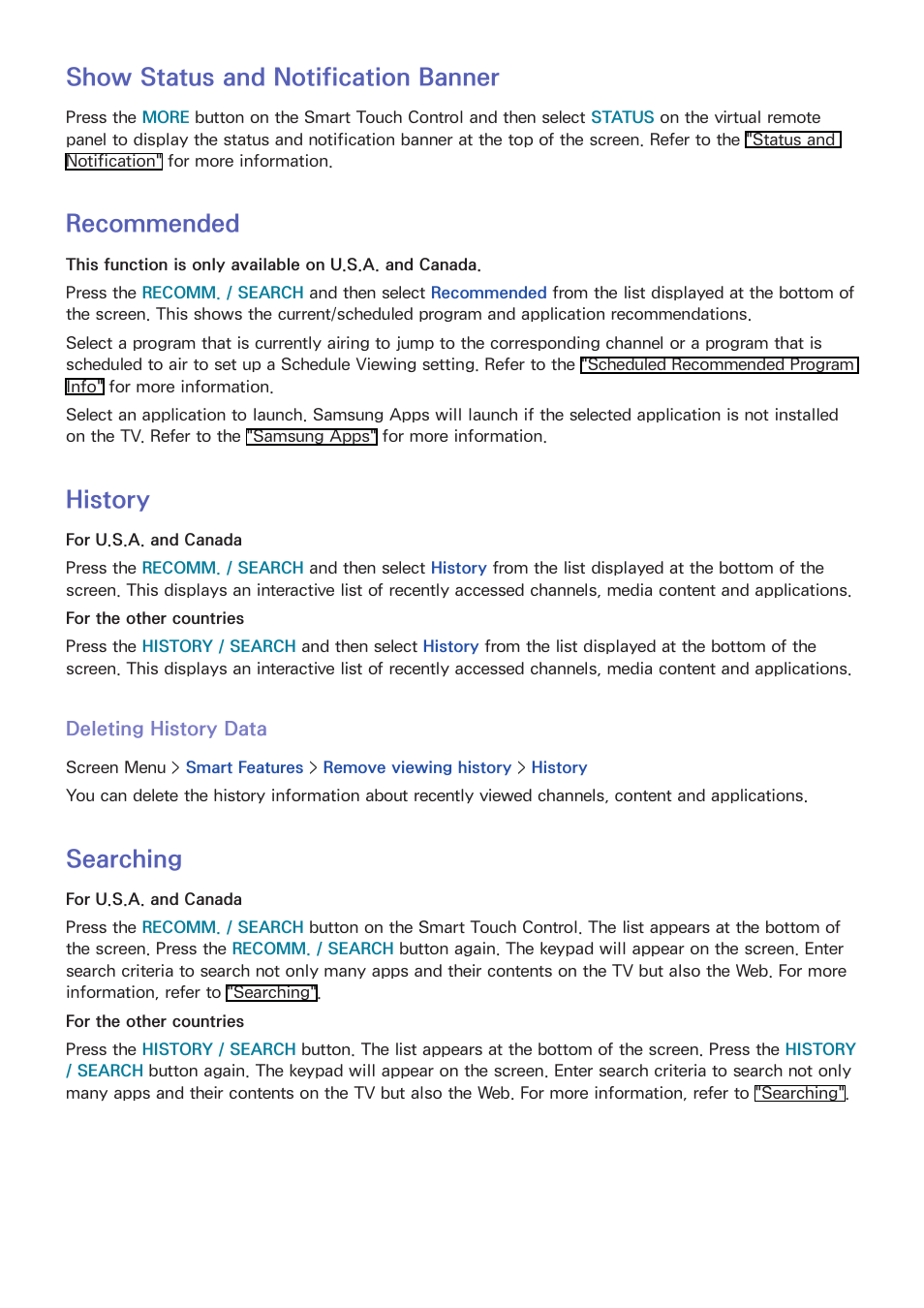 32 show status and notification banner, 32 recommended, 32 history | Deleting history data, 32 searching, Show status and notification banner, Recommended, History, Searching | Samsung SEK-1000-ZA User Manual | Page 39 / 157