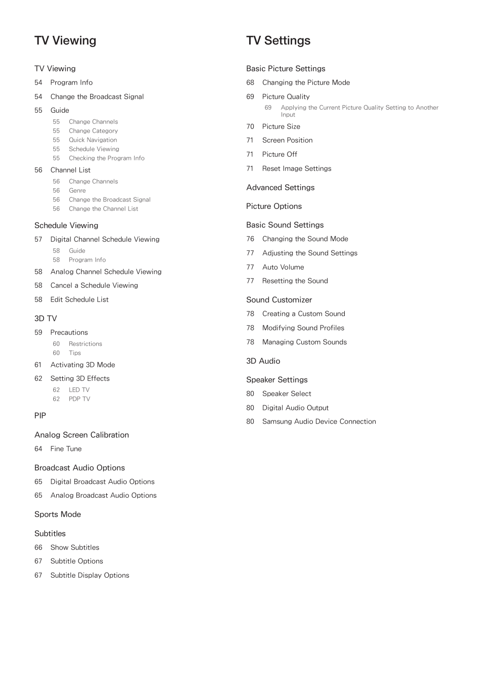 Tv viewing, Tv settings | Samsung SEK-1000-ZA User Manual | Page 4 / 157