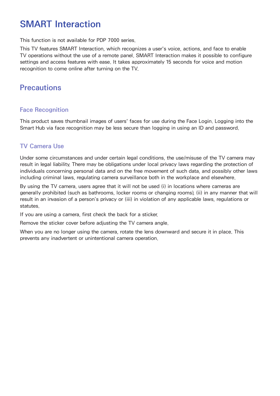 Smart interaction, 37 precautions, Face recognition | Tv camera use, Precautions | Samsung SEK-1000-ZA User Manual | Page 44 / 157