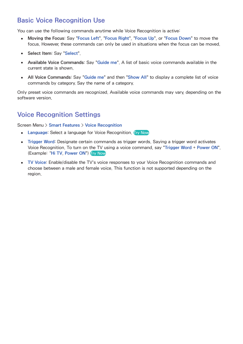 Basic voice recognition use, Voice recognition settings | Samsung SEK-1000-ZA User Manual | Page 48 / 157