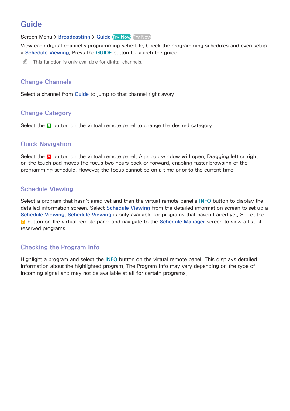 55 guide, Change channels, Change category | Quick navigation, Schedule viewing, Checking the program info, O "guide" fo, Guide | Samsung SEK-1000-ZA User Manual | Page 62 / 157
