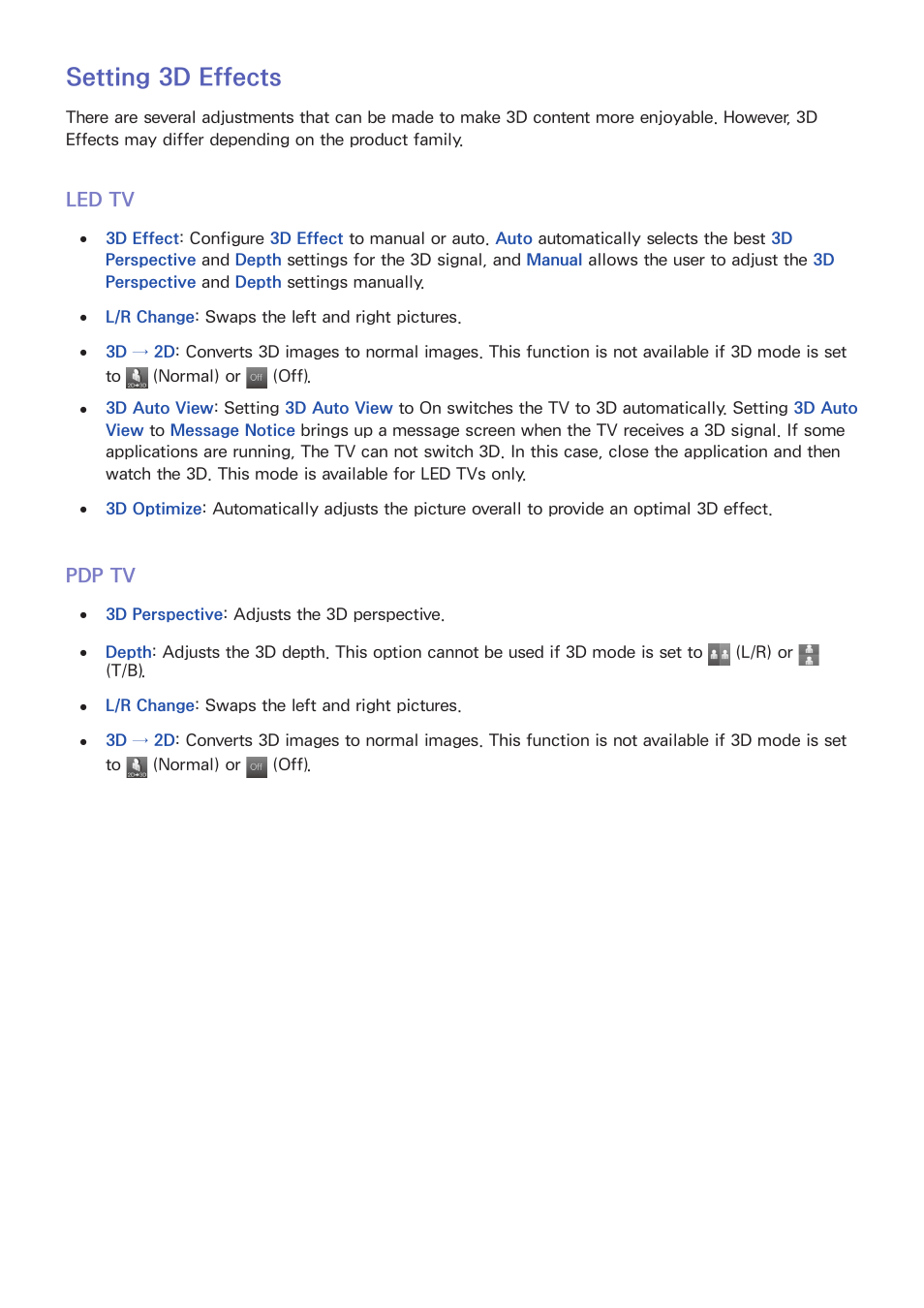 62 setting 3d effects, Led tv, Pdp tv | Setting 3d effects | Samsung SEK-1000-ZA User Manual | Page 69 / 157