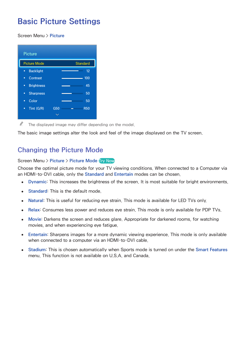 Tv settings, Basic picture settings, 68 changing the picture mode | Changing the picture mode | Samsung SEK-1000-ZA User Manual | Page 75 / 157