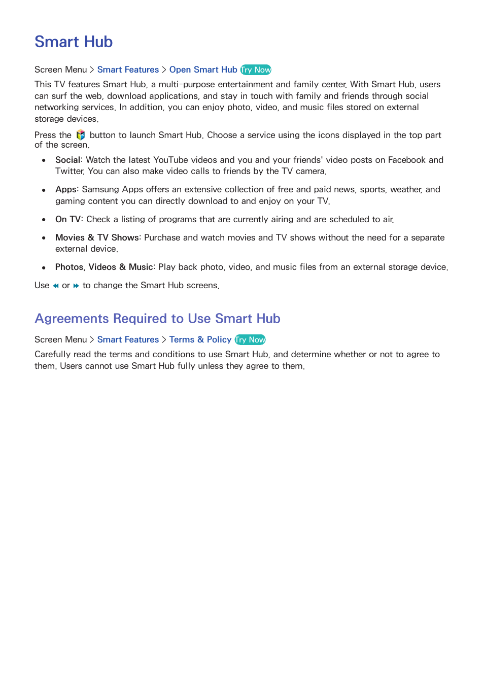 Smart tv features, Smart hub, Agreements required to use smart hub | O "smart hub" fo | Samsung SEK-1000-ZA User Manual | Page 98 / 157