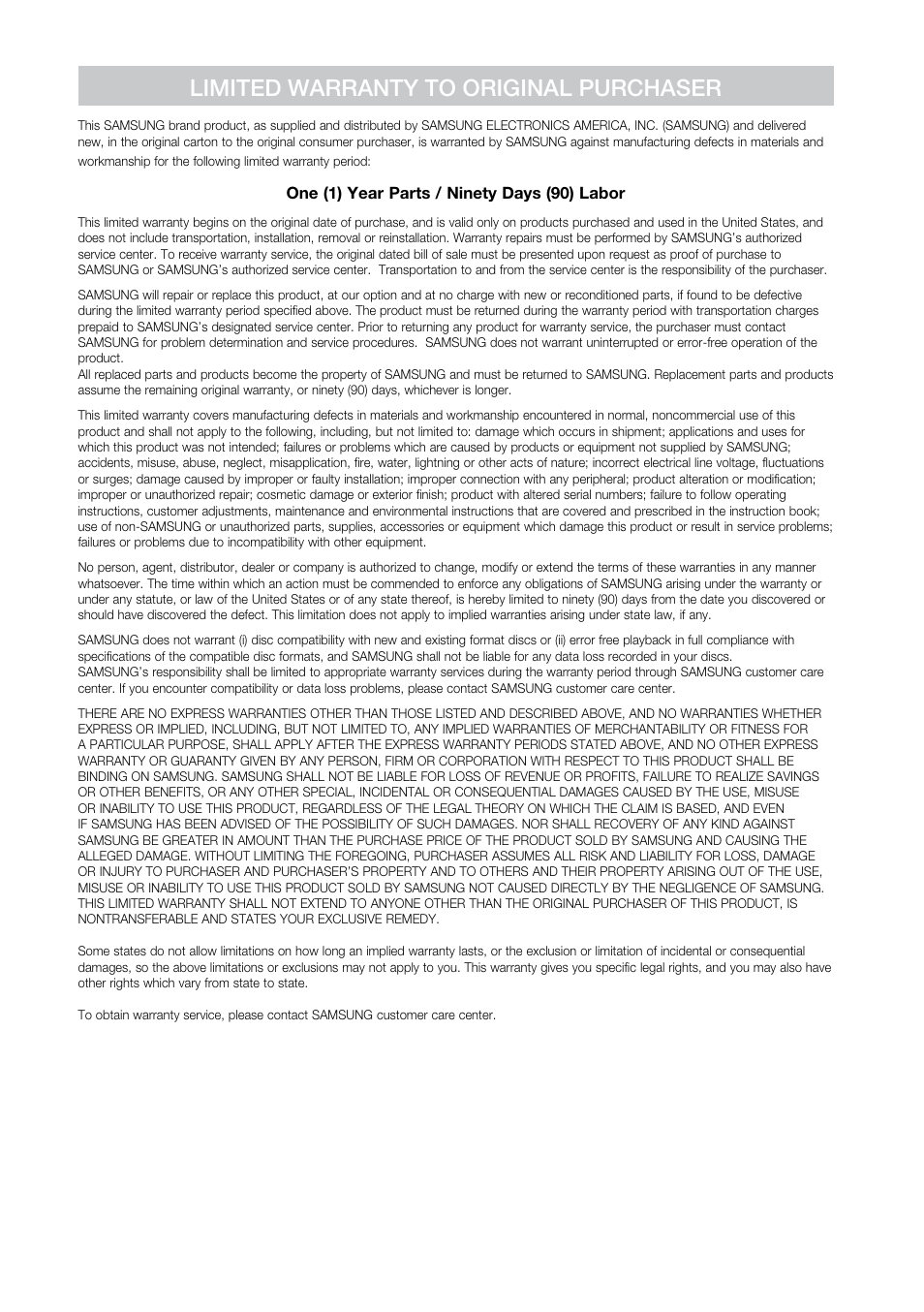 Limited warranty to original purchaser | Samsung BD-P3600-XAA User Manual | Page 102 / 104